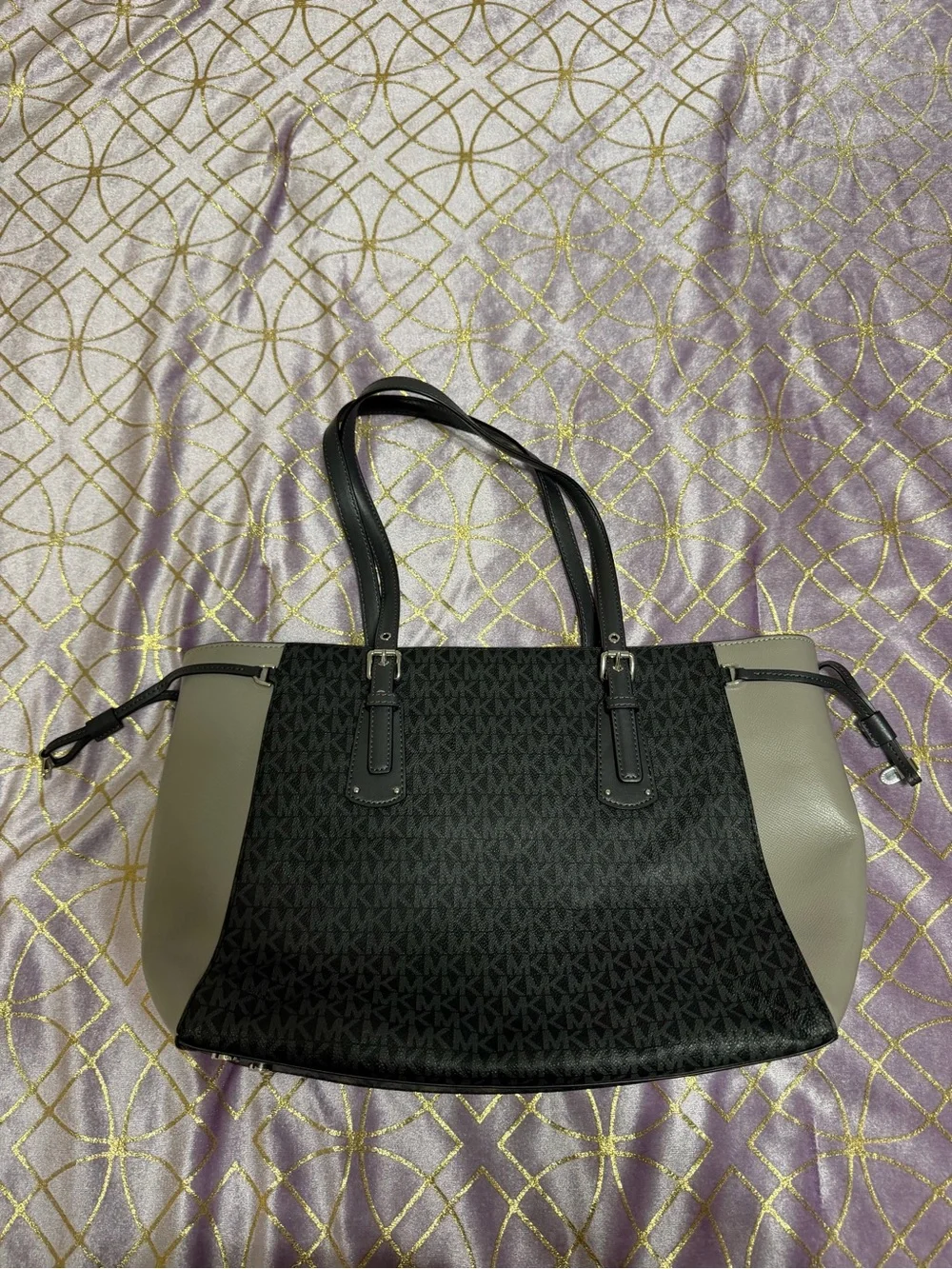 Michael Kors Black & Taupe Logo-Print Tote with MK Charm